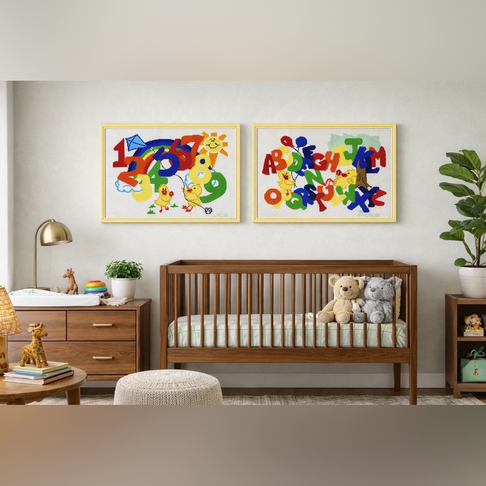 Vintage Framed Needlepoints Alphabet + Numbers for nursery/kids room - SET OF 2